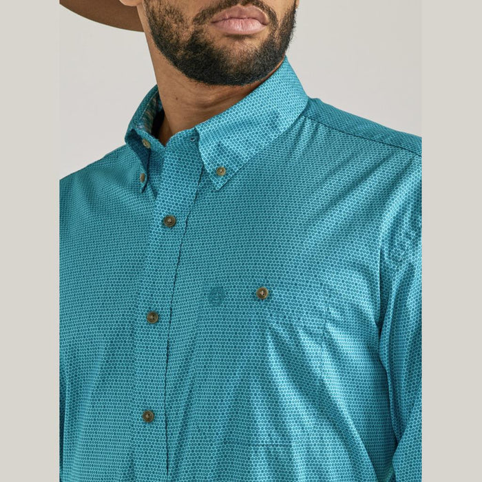 Wrangler George Strait Long Sleeve Button Down One Pocket Shirt- Teal Disc