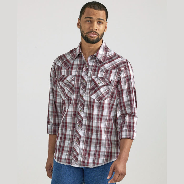 Wrangler Men's Long Sleeve Western Snap Plaid Shirt- Garnet Madras