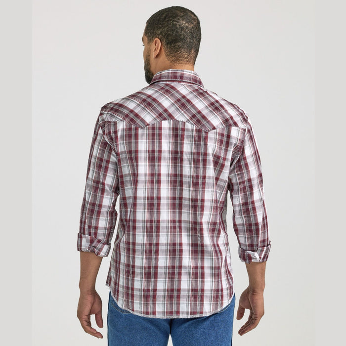 Wrangler Men's Long Sleeve Western Snap Plaid Shirt- Garnet Madras