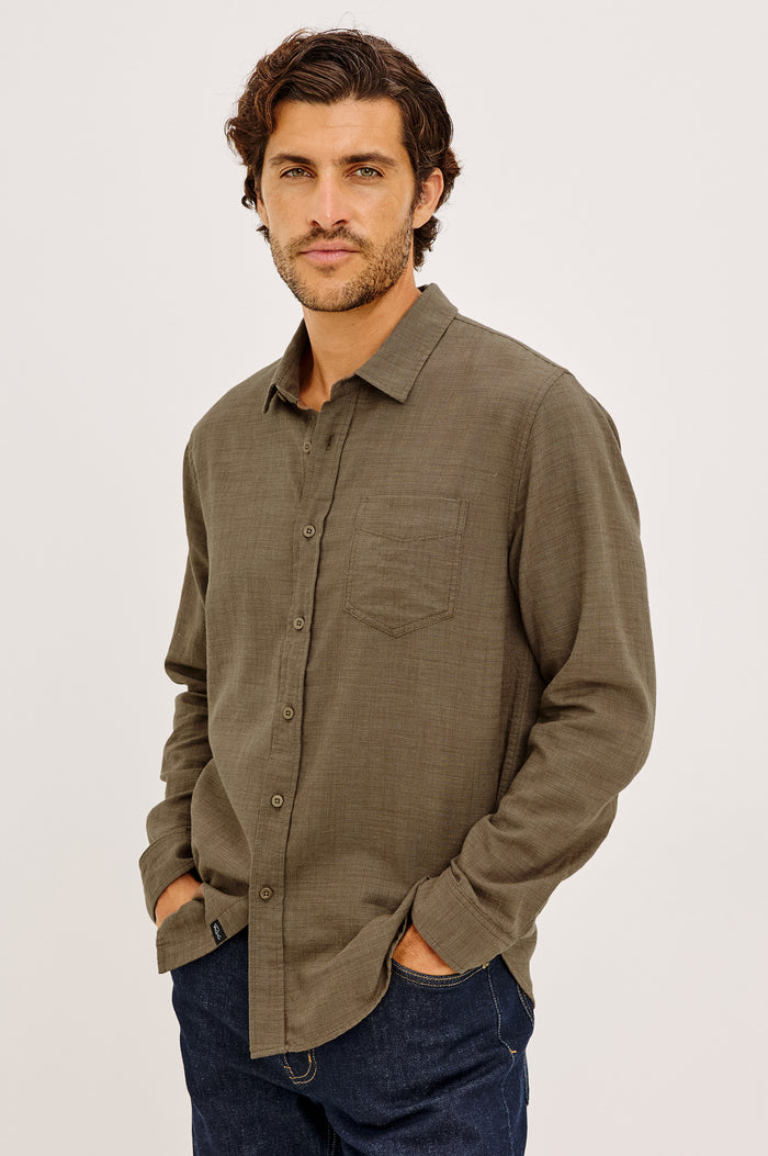 Wyatt Shirt in Cotton Slub Plainweave With Classic Fit, Collar, Button Front, Chest Patch Pocket, Long Sleeves, Shirttail Hem in Espresso Etch Colorway - Upper Body Front View Featured on Model
