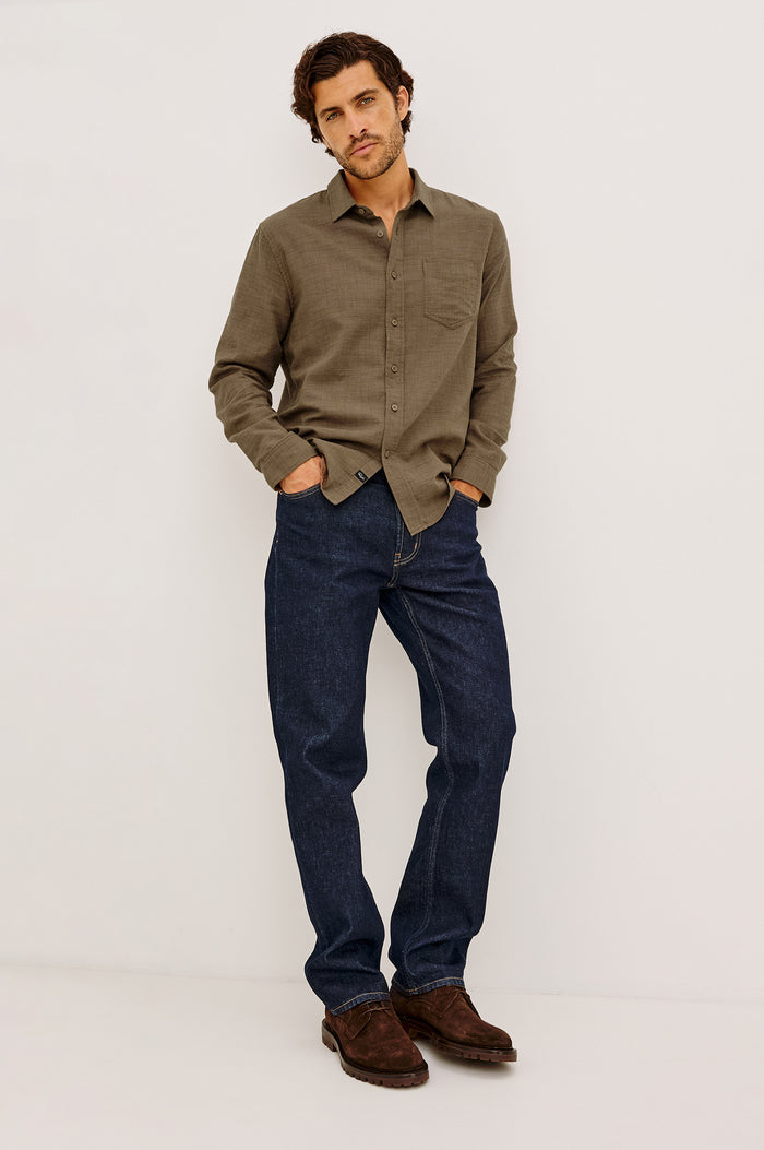 Wyatt Shirt in Cotton Slub Plainweave With Classic Fit, Collar, Button Front, Chest Patch Pocket, Long Sleeves, Shirttail Hem in Espresso Etch Colorway - Full Body Front View Featured on Model