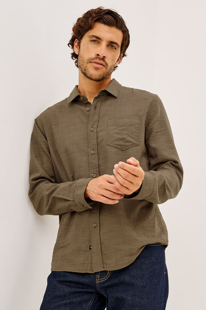 Wyatt Shirt in Cotton Slub Plainweave With Classic Fit, Collar, Button Front, Chest Patch Pocket, Long Sleeves, Shirttail Hem in Espresso Etch Colorway - Upper Body Front View Featured on Model
