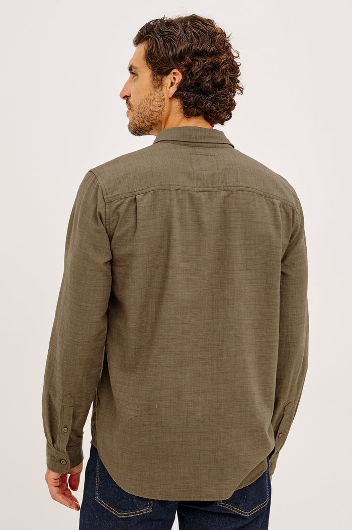 Wyatt Shirt in Cotton Slub Plainweave With Classic Fit, Collar, Button Front, Chest Patch Pocket, Long Sleeves, Shirttail Hem in Espresso Etch Colorway - Upper Body Back View Featured on Model