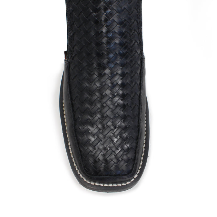 Close-up of square toe with petatillo  leather design on Artillero men’s black  boot