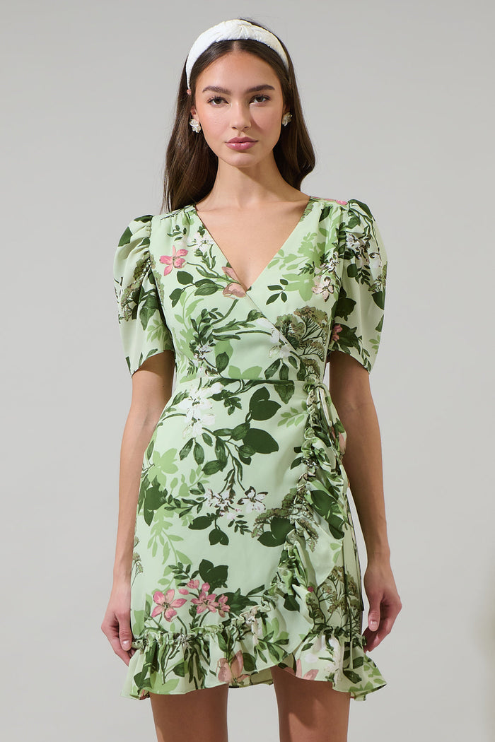 Zane Floral Angelonia Wrap Ruffle Mini Dress