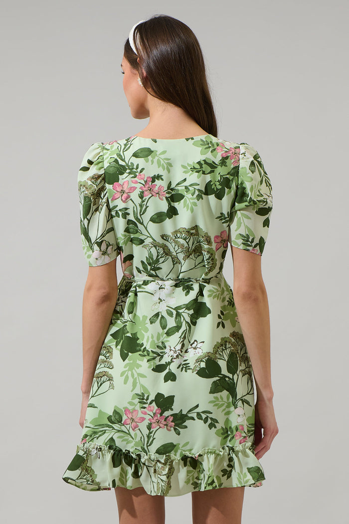 Zane Floral Angelonia Wrap Ruffle Mini Dress
