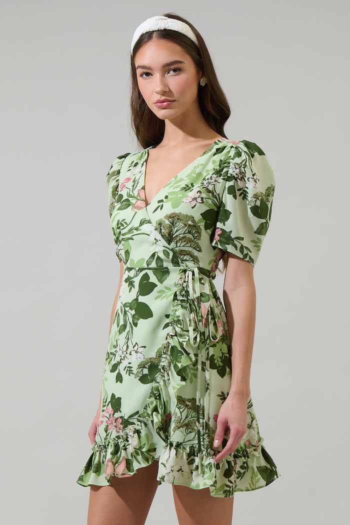 Zane Floral Angelonia Wrap Ruffle Mini Dress