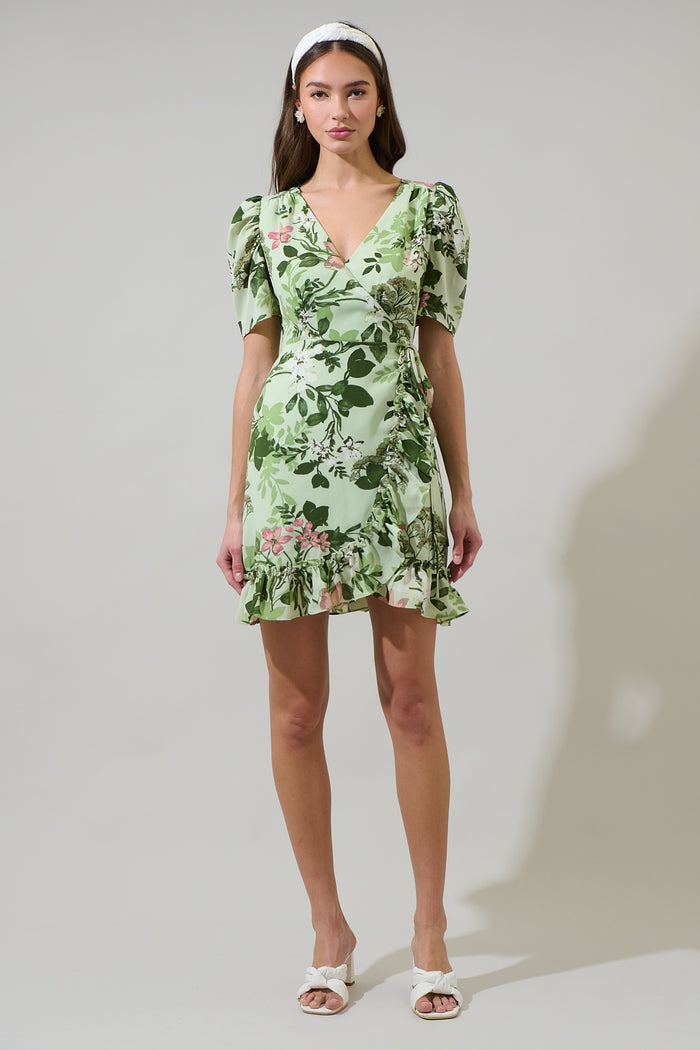 Zane Floral Angelonia Wrap Ruffle Mini Dress