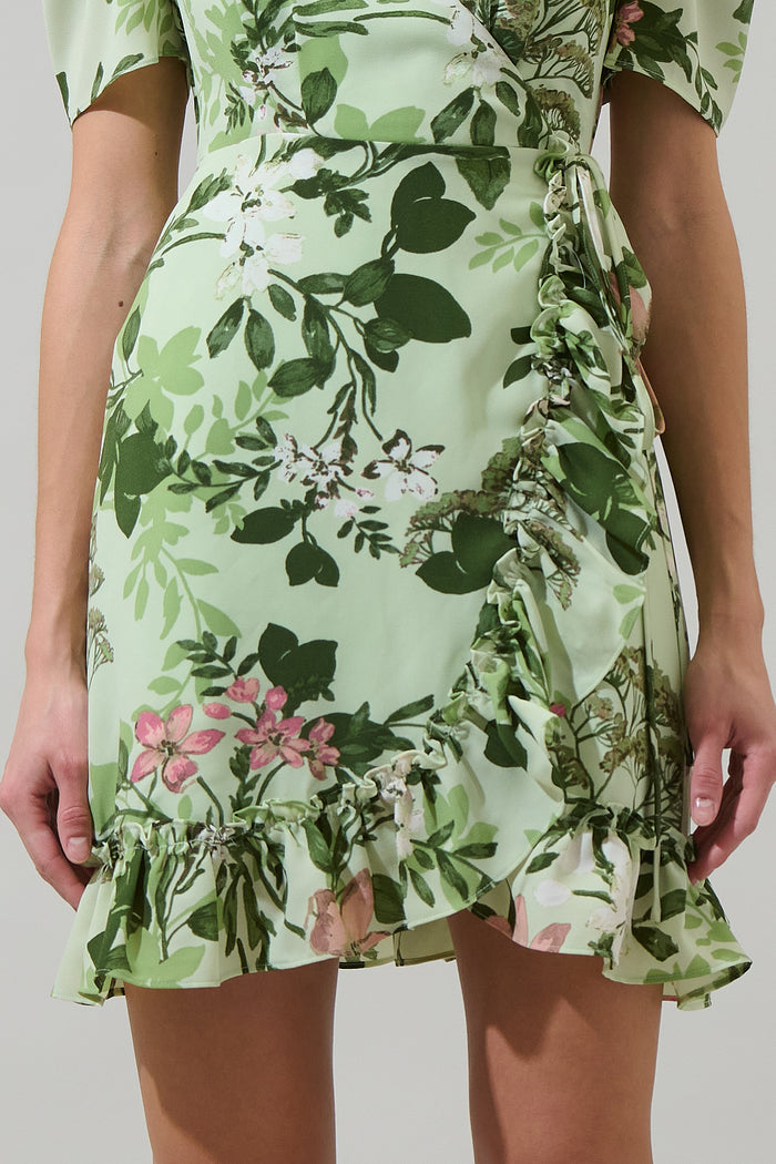 Zane Floral Angelonia Wrap Ruffle Mini Dress